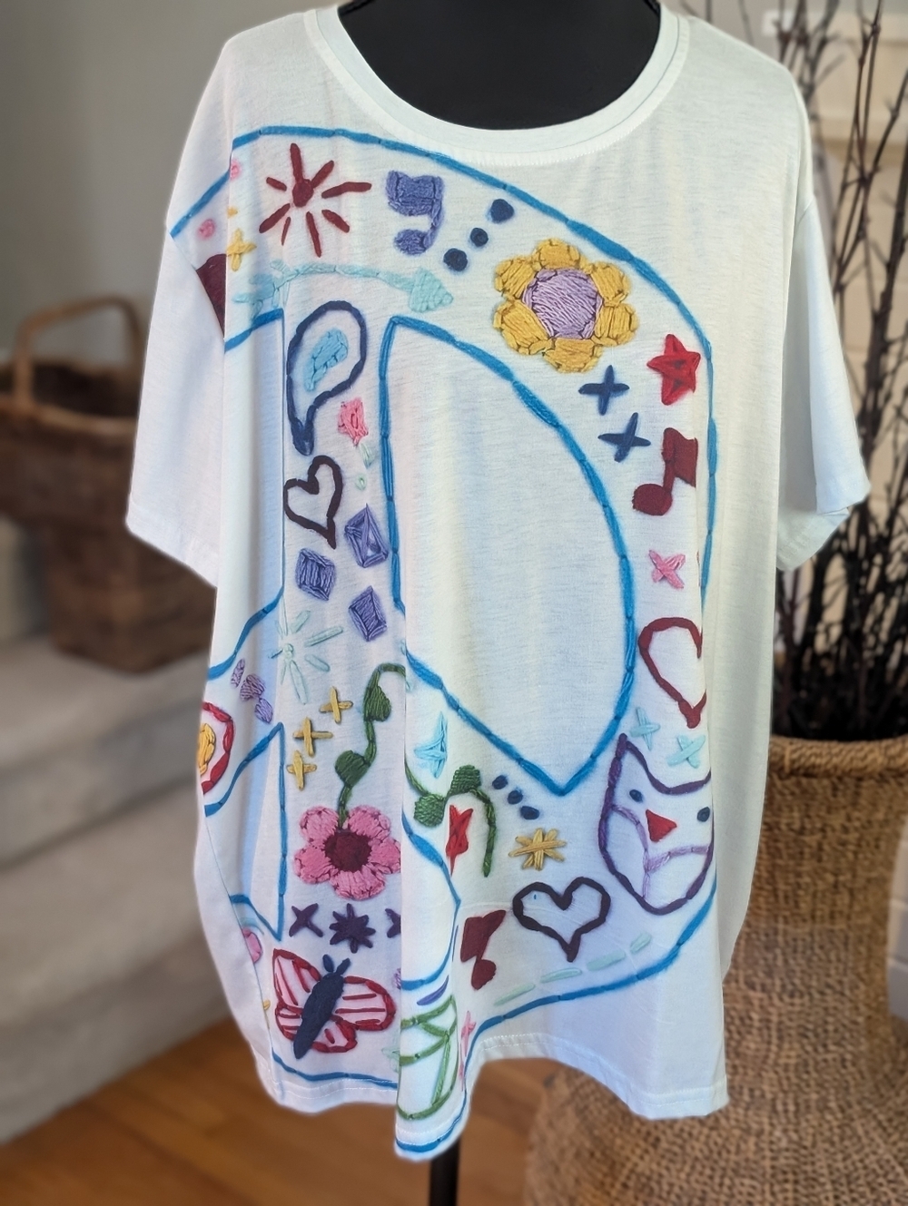 Women’s 3XL Peace Sign Graphic T-Shirt White Colorful Boho Festival Print Plus